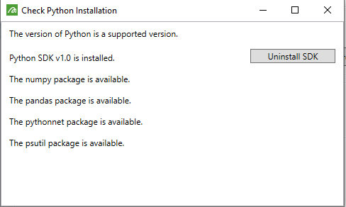 Screenshot of the check installation panel showing after the SDK is installed. The only option is to uninstall it.